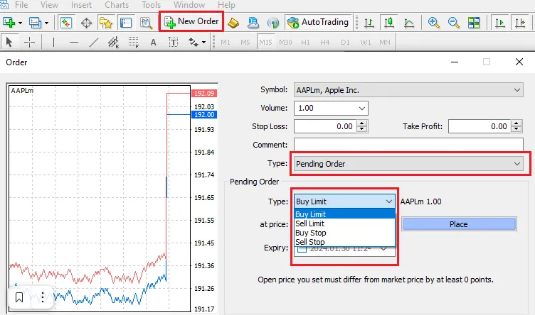 FxPro MT4 保留注文の作成