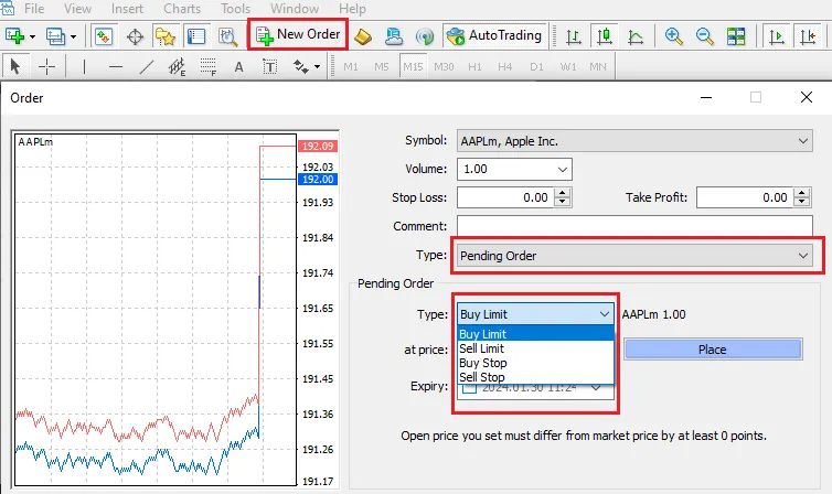 FxPro MT4 保留注文の作成